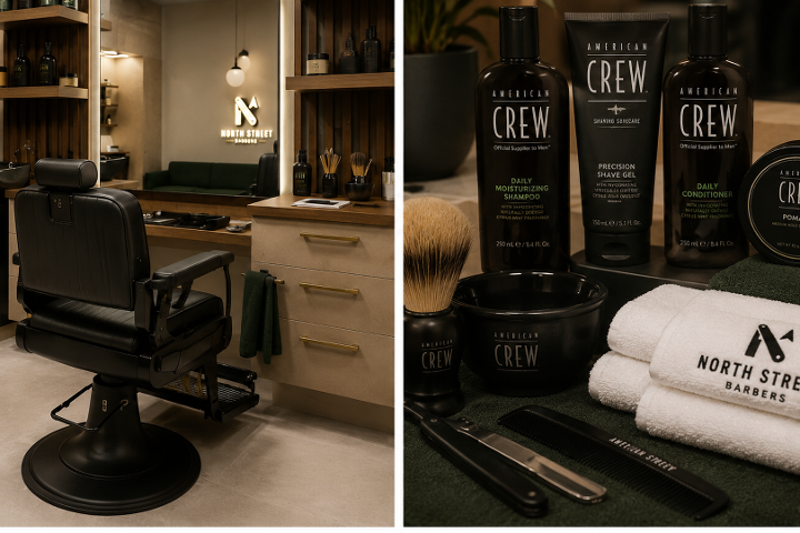 Barberio kėdė ir profesionalios priežiūros priemonės